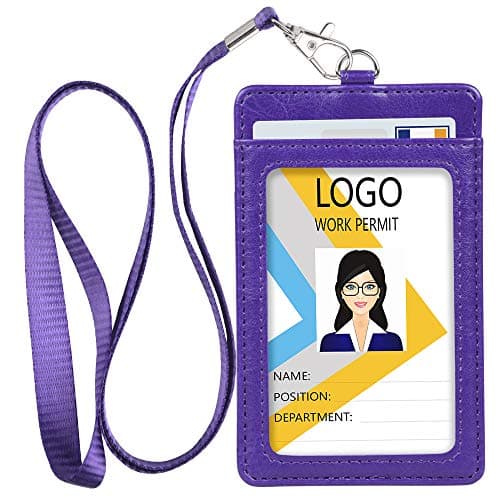 Teskyer Badge Holder with Lanyard, Leather ID Name Badge Card Holder with Lanyard for ID Badges, Vertical Purple