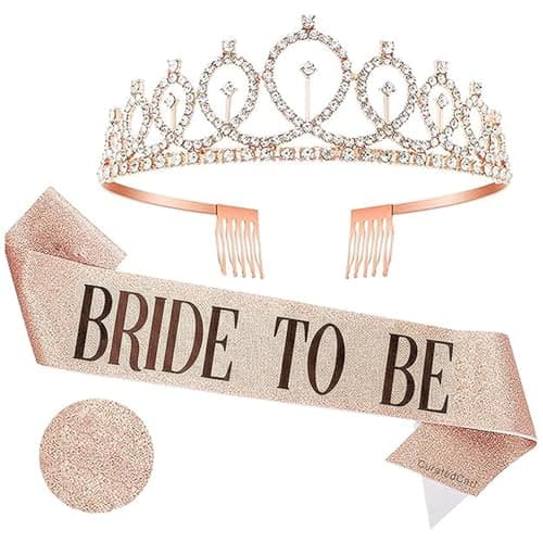 Curated Cart 2Pcs Bachelorette Party Decoration Set - RoseGold Bridal Shower Crown & Bride to Be Sash for Women, Durable Alloy Metal Tiara with Crystals & Satin Sash, Perfect Bachelorette Party