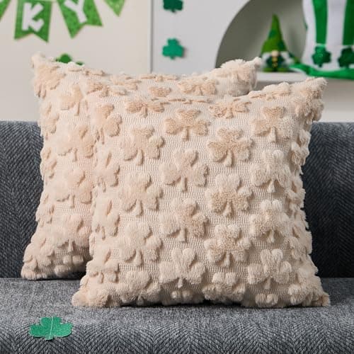 DFXSZ St Patricks Day Pillow Covers 18x18 inch Set of 2 St Patricks Day Decorations Beige Shamrock Soft Plush Faux Fur Jacquard Throw Pillows for Sofa Holiday Festivals Home Decor PTK021C18