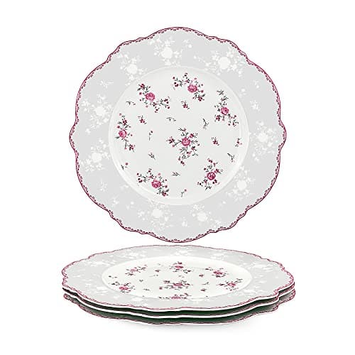 fanquare 10 Inch Porcelain Dinner Plates Set of 4, Lace Dishes Set for Salad, Pasta, Soup, Dessert, Pink Roses