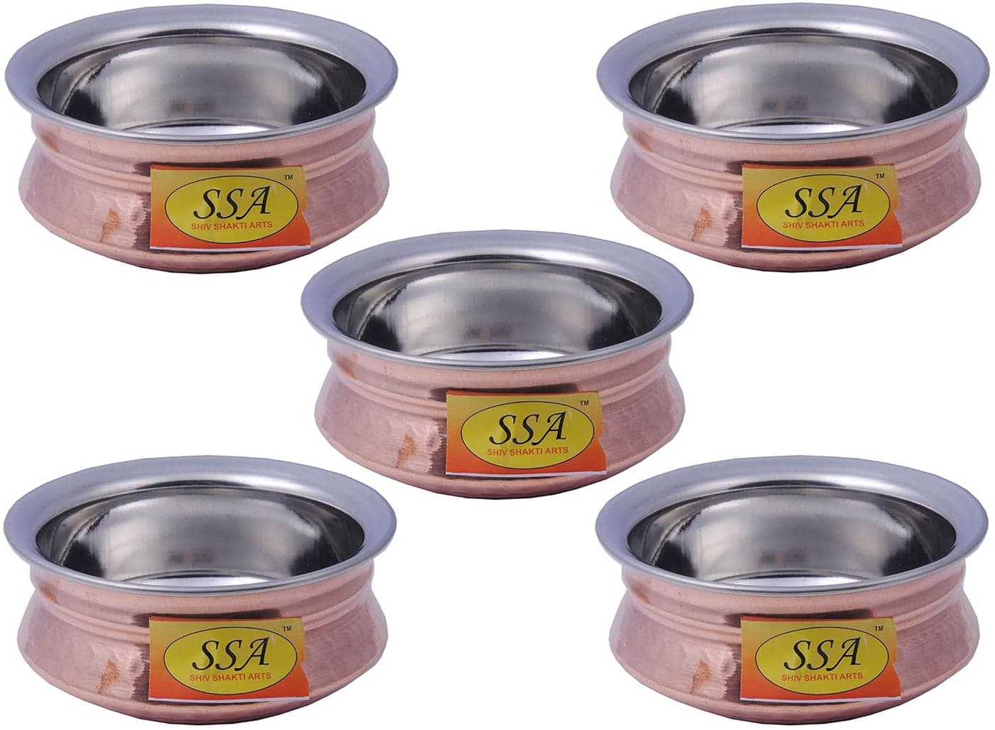 SHIV SHAKTI ARTS Handmade Pure Set of 5 Steel Copper HandiBowlBhagoni No 1 Hammered Design BowlHandi Volume300 ml for Dinnerware Hotelware Giftware Item for Serving Curry and Dal Purpose