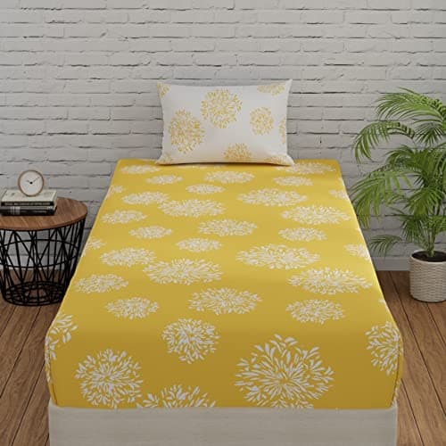 Huesland by Ahmedabad Cotton 144 TC Single Bed Sheet Cotton with 1 Pillow Cover - Yellow & White