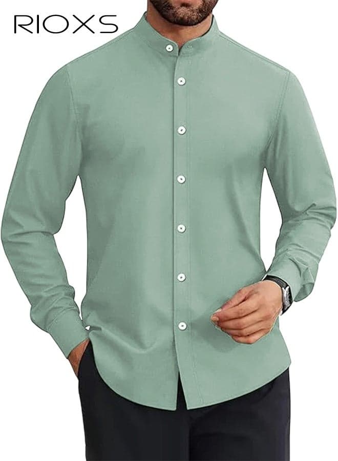 Men's Green Stand Collar Dress Shirt, Long Sleeve Wrinkle-Free Polyester Shirt, Business Casual Office Wear, Slim Fit Button Down Shirt with White Buttons, Breathable and Easy Care Formal Wear for Men, All Season Versatile Dress Shirt, Wedding Guest Formal Shirt, Gala Dinner Appropriate Attire