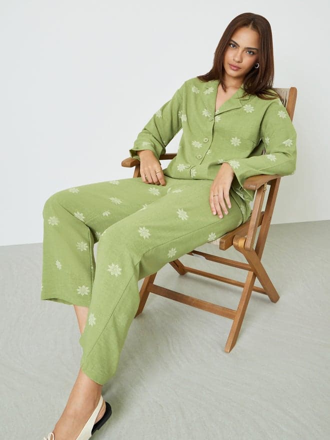 Styli Green Floral Print Resort Collar Shirt and Pants Modest Set