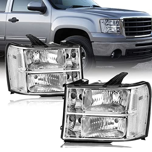 APSVE Headlight Assembly Pair for 2007 2008 2009 2010 2011 2012 2013 GMC Sierra 1500, 07-14 Sierra 2500 HD 3500 HD, Replacement Headlamp Chrome Housing Clear Lens