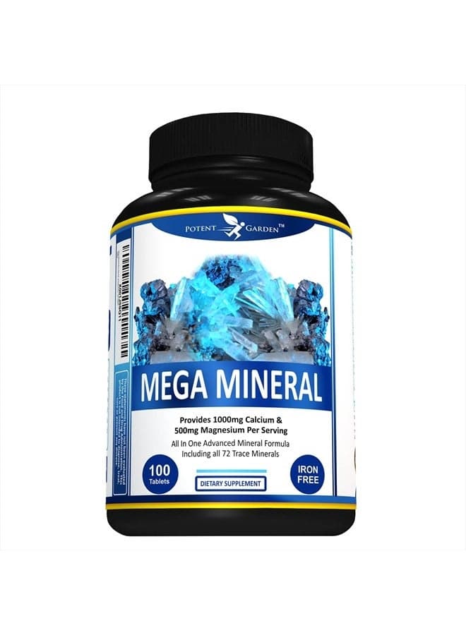 Mega Mineral Supplement Complete Mineral Complex with Calcium Magnesium Zinc Potassium Boron Selenium Chromium & 72 Trace Minerals Iron Free Calcium Supplement -100 Pills