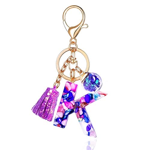 LAXPICOL Purple Letter K Keychain for Women Purse Handbags Resin Alphabet Initial Letter Pendant with Tassel Glass Ball