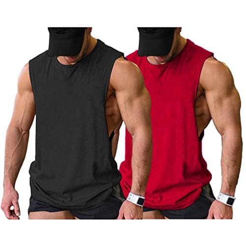 COOFANDY Mens Workout Tank Top Bodybuilding Gym T Shirts Cut Off Fitness Sport Shirt Black/Red(2pcs)