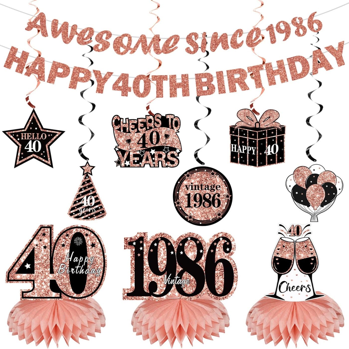 Kuxriox 11Pcs 40th Birthday Decorations Kit for Women Rose Gold Happy 40th Birthday Banner Awesome Since 1986 Centerpieces Swirls Party Supplies Forty Bday Banner Ceiling Table Topper Sign