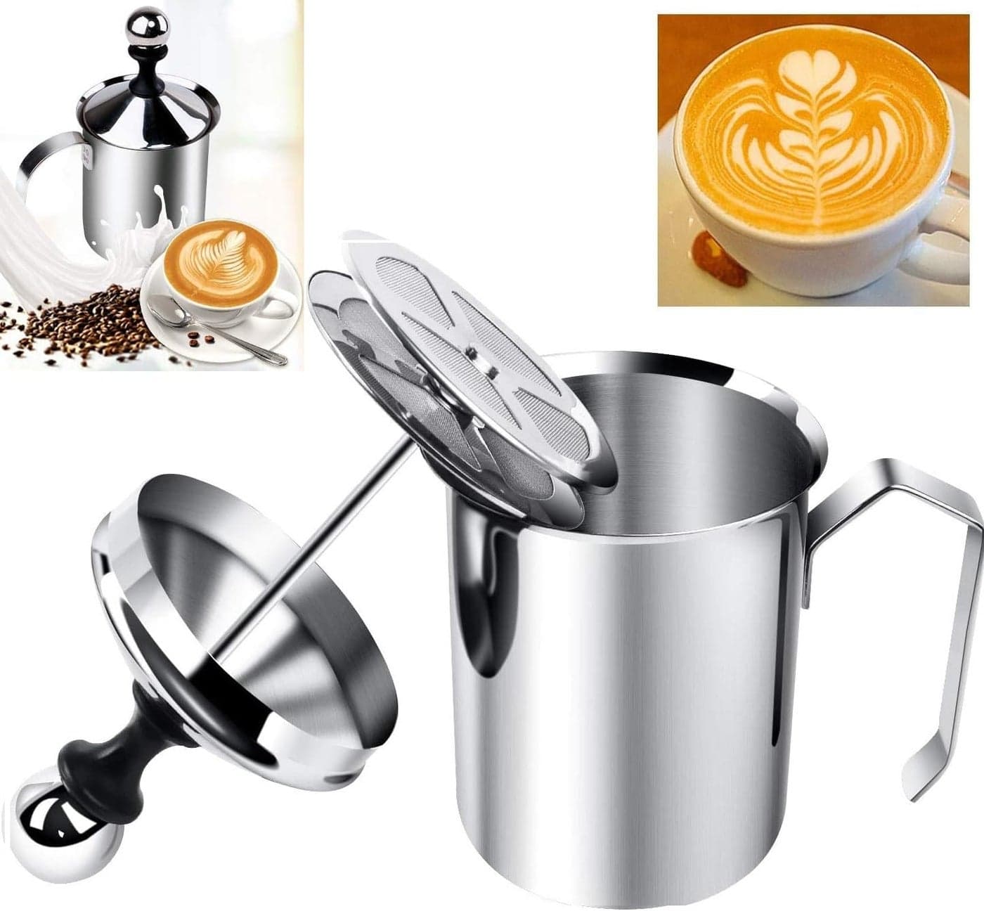 Finaxo Stainless Steel Milk Frother Coffee Frother BlenderManual Coffee Beater for CappuccinoFoam Maker for Hot and Cold Coffee Milk with Double Froth Pump Handle and Lid Multicolor