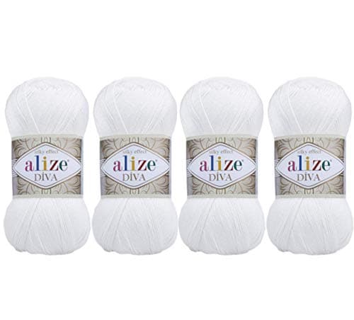 100 Microfiber Acrylic Alize Diva Silk Effect Knitting Sport Crochet Yarn Lot of 4 Ball skeins 400gr 1532yds Color 55 White