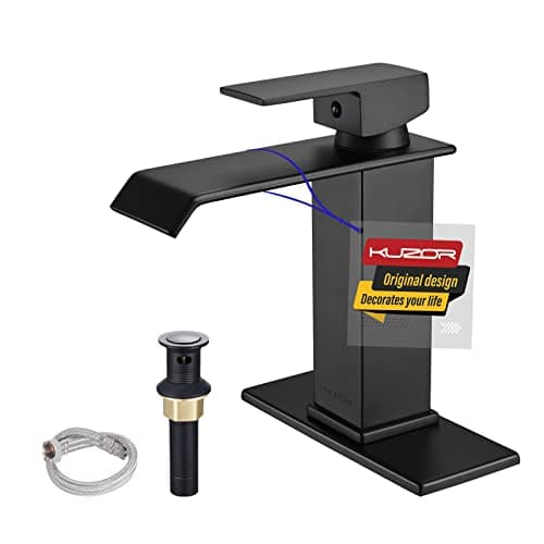KUZOR Matte Black Waterfall Bathroom Faucet – Single Hole 304 Stainless Steel Sink Faucet with Metal Pop-Up Drain, Low-Profile Design for Modern Vanities