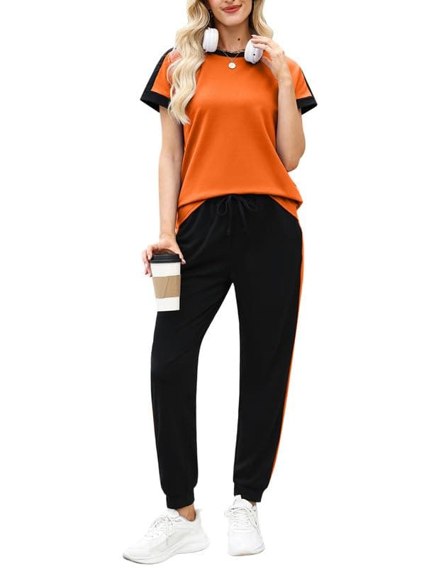Marvmys Women Purple Tracksuit Sets Short Sleeve 2 Piece Summer Color Block Tops Jogger Loungewear