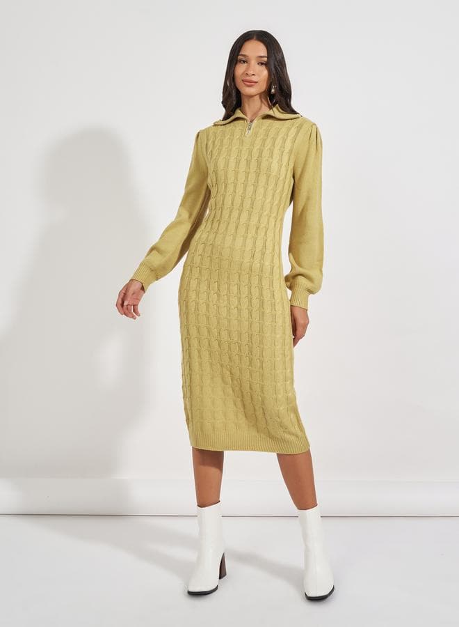 Styli Chunky Knit Zipped Collar Sweater Midi Dress
