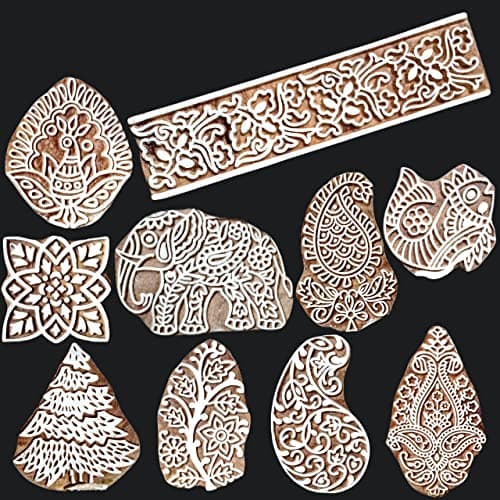 ecofynd Wood Block Stamps (Pack of 10), Wooden Blocks for Block Printing Stamp Set, Artistic Shapes Craft Kids Saree Border DIY Henna Fabric Textile Paper Clay Pottery Hand-Carved (BLOCK058)