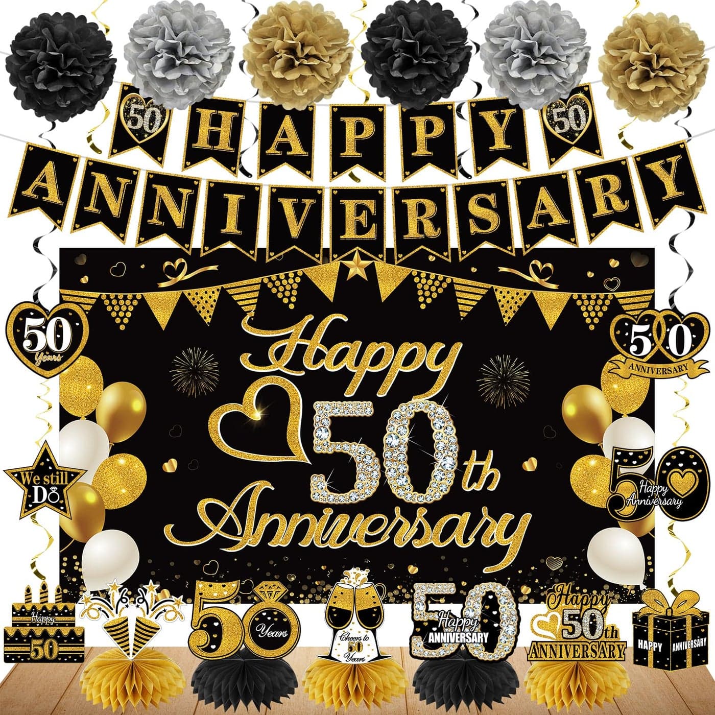 Turypaty Happy 50th Anniversary Decorations Kit Black Gold 50th Wedding Anniversary Party Supplies Large Happy Banner Backdrop Table Centerpieces Hanging Swirls Paper Pompoms