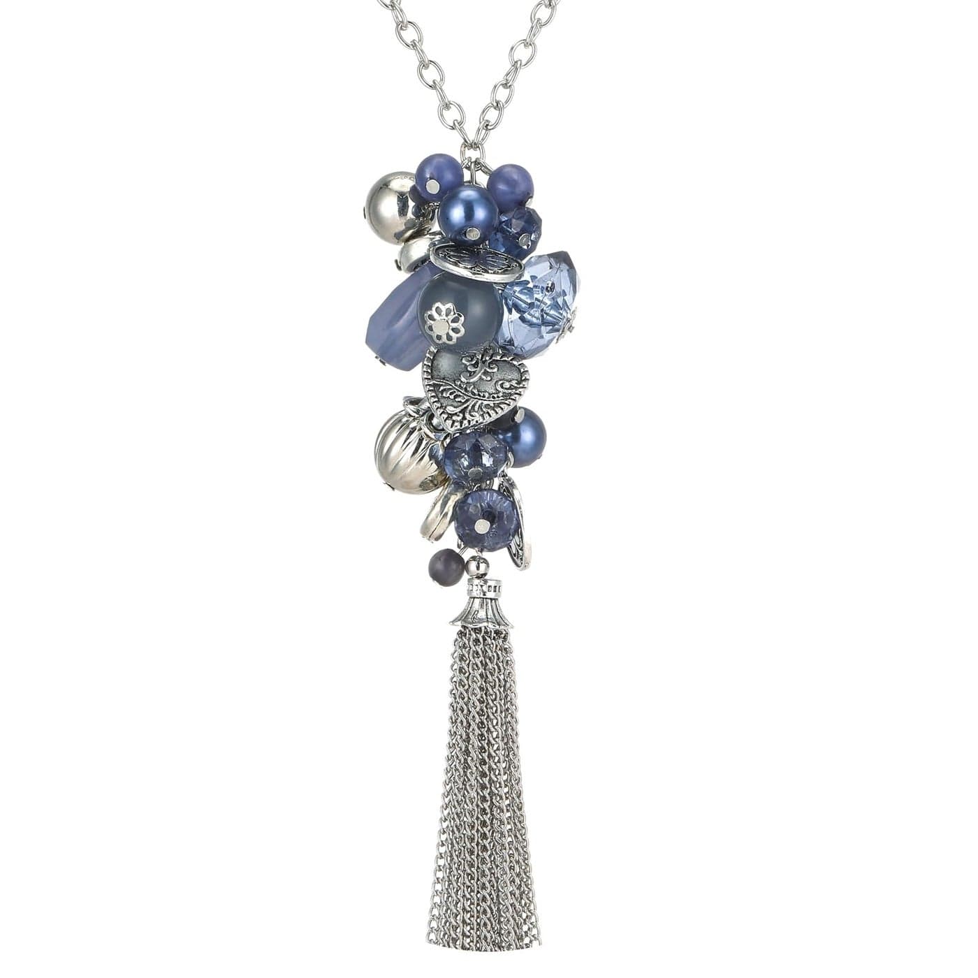 PEARL&CLUB Silver Long Tassel Necklaces for Women Boho Chain Necklace with Tassel Beaded Pendant Silver Fashion Jewelry Gifts for Women(Blue)