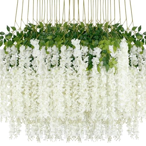 48Pcs Artificial Wisteria Flowers 3.6 Feet/Piece White Dense Artificial Fake Wisteria Vine Ratta Hanging Garland Silk Flowers String Home Party Wedding Decor(White-Dense)