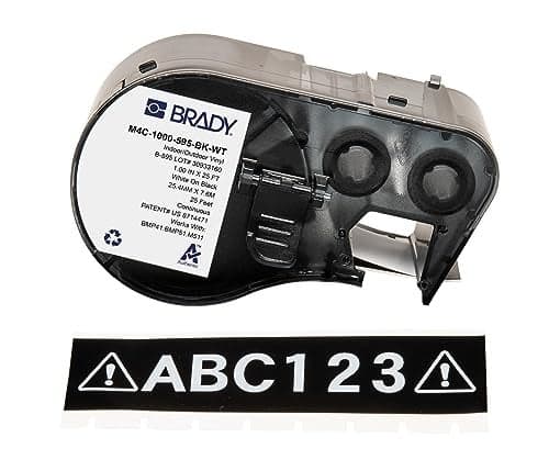 Brady Authentic M4C1000595BKWT AllWeather Vinyl Labels 1 in W x 25ft White on Black for use with BMP41 BMP51 M410 M510 and M511 Label Printers
