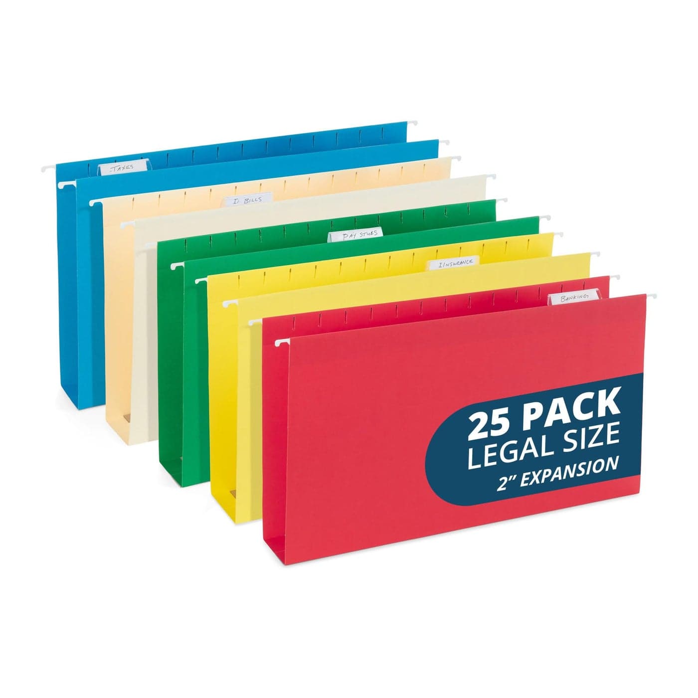 25 Blue Summit Supplies Legal Size Hanging File Folders, Expandable, 2” Expansion for Extra Capacity, Assorted Colors, 25 Pack