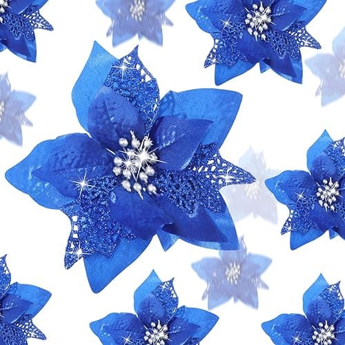 Boao 24 Pieces Christmas Artificial Glitter Poinsettia Flowers Xmas Flowers Wedding Christmas Tree New Year OrnamentsRoyal Blue