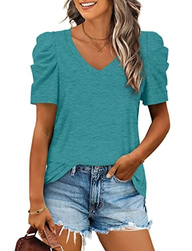 St Pattys Day Shirts for Women V Neck T Shirts Loose Fit Puff Short Sleeve T-Shirt S