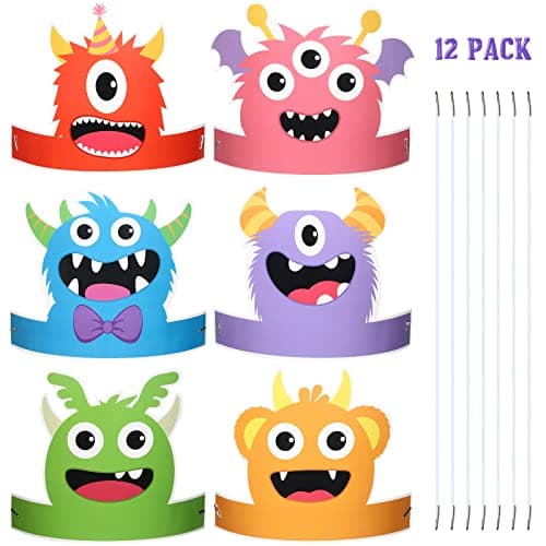 Aoriher 12 Pcs Monster Paper Hats Party Headbands Monster Themed Birthday Party Supplies Baby Shower Favors Dress Costume for Boys Girls Kids Supplies Cosplay Props 6 Styles