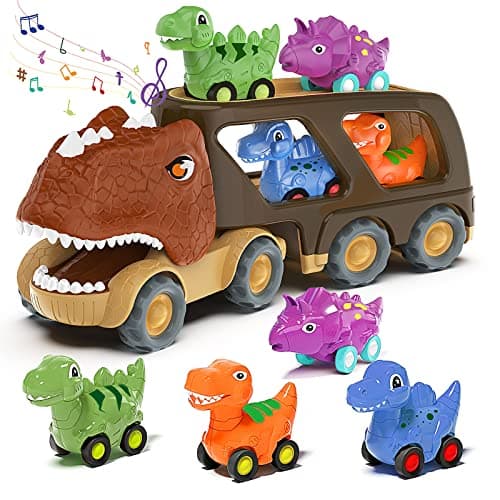 Veslier Dinosaur Car Toy for 2 3 4 5 Years Old Boys Friction Power Carrier Truck with 4 Pack Small Pull Back Dino Car Christmas Birthday Gift for 18 Months Boy Girl Kids Toddlers