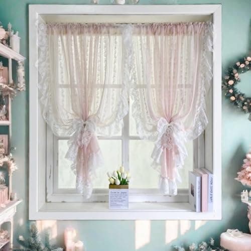 NewWPKIRA Princess Style Pink Floral Embroidery Sheer Lace Curtain with Ruffle Trim Coquette Gauze Voile Curtains for Girl's Bedroom Living Room Rod Pocket Top 2 Panels (Pink,W39 x L47 inches)