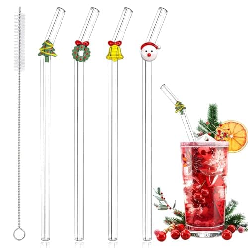 4 Pcs Christmas Reusable Glass Straws Cute Christmas Shaped with Cleaning Brush for Coffee Smoothies Milkshake Glass Straws with Charms for Xmas Party and Decoration