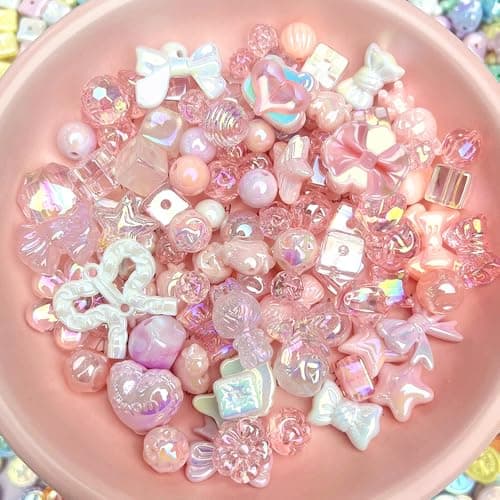 50g Pink Acrylic Beads Assorted Beads Cute Beads for Jewelry Making Kawaii Flower Star Bow Heart Beads Aesthetic Craft Beads for DIY Handmade Bracelets Necklaces Keychain Phone Chain AccessoriesPink