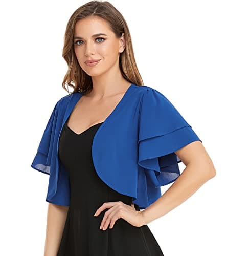 Women Short Sleeve Shrug Cropped Bolero Open Front Chiffon Cardigan for Evening Dress(Royal Blue,S)