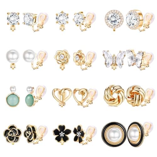 THUNARAZ 12 Pairs Comfortable Clip on Earrings for Women Sparklrd Crystal Clip Earrings CZ Cute Butterfly Flower Pearl Clip on Stud Earrings Non Piercing Jewelry Gold
