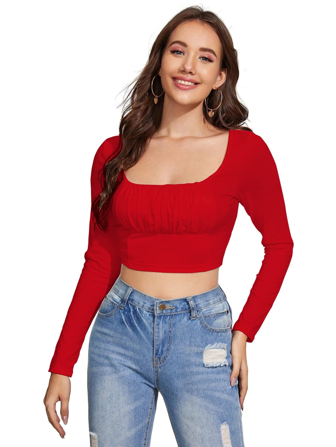 Shasmi Red Women's Ruched Bust Solid Crop Top (Shree Top 17 Red L)
