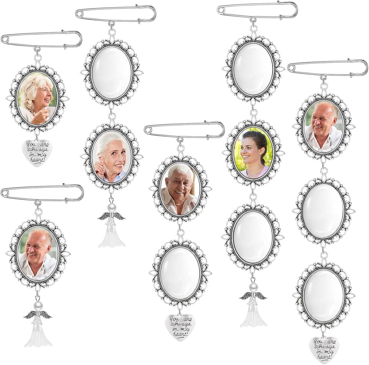 Hicarer 110 Pcs Wedding Bouquet Photo Charms Memory Charms Oval Frame Memorial Picture DIY Pin Brooch with 118 x 157 Inch Oval Glass Cabochon Pendants Bulk for Wedding Party Bridal Shower