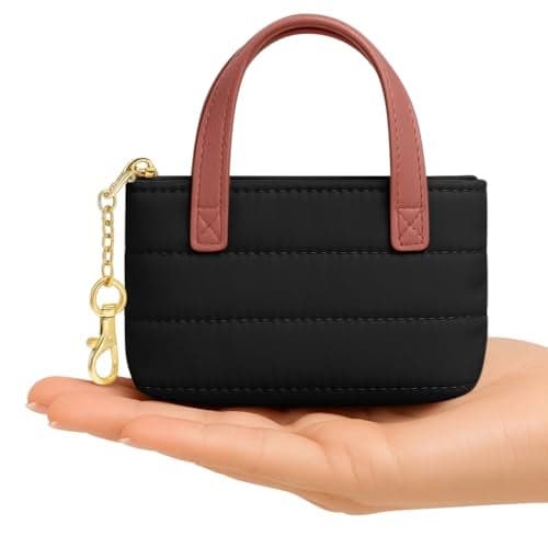 MyfavoriteK Mini Puffer Tote Bag Keychain Puffy Purse Keyring with Gold Heart Charm Cute Bag Charm Gift for Women Girls Teens Key Ring (Black)