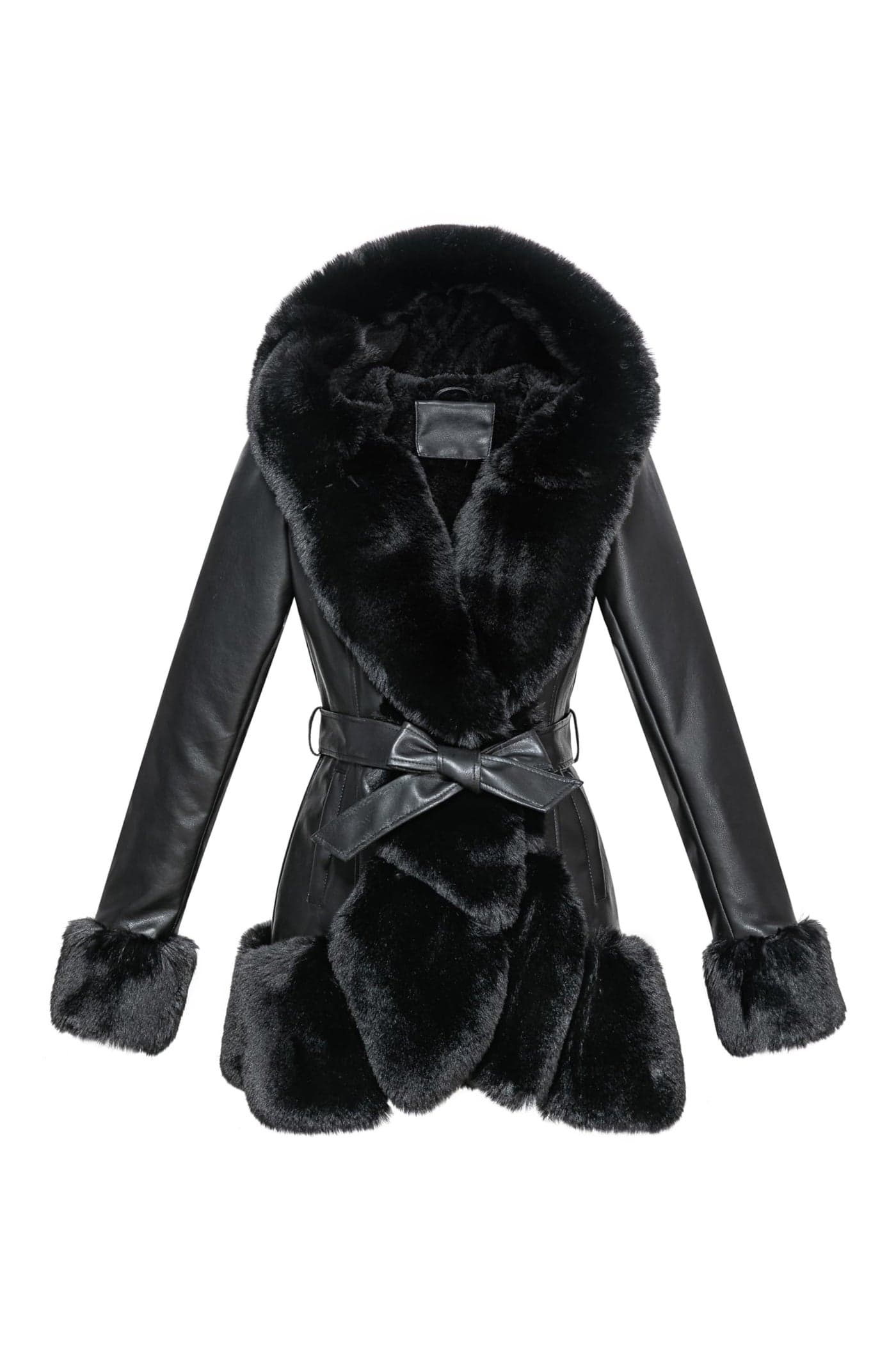 GRAN ORIENTE Womens Faux Leather Coat with Faux Fur CollarWinter Warm Belted Mid Length Trim Jacket Fur Lined with Hood 002 Black XL