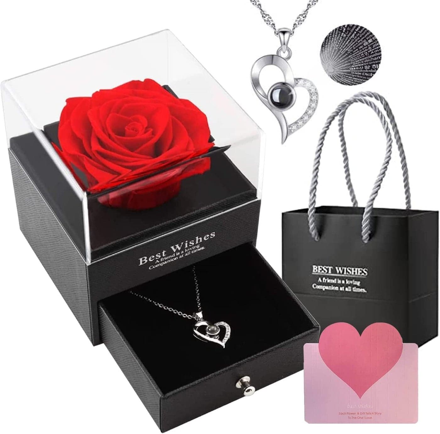 Preserved Red Rose Eternal Rose Heart Necklace Eternal Rose Flowers Gift with I Love You in 100 Languages Romantic Gifts for Women Mom Wife Girlfriend on Anniversary Birthday