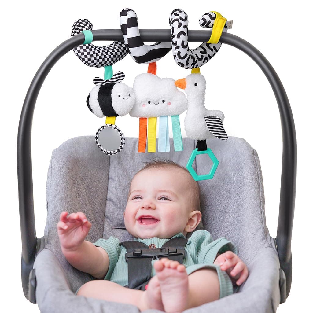 Itzy Ritzy Spiral Car Seat Stroller Activity Toy Stroller Car Seat Toys for Ages 0 Months and Up Hanging Toys Include Dangling Ring Mirror and Textured Ribbons High Contrast