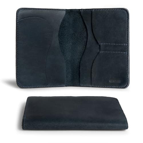 Hide & Drink, Double Passport Cover with Slots for Bills and Keys, Rustic Case, ID Organizer, Full Grain Leather, Handmade Accessories, Slate Blue