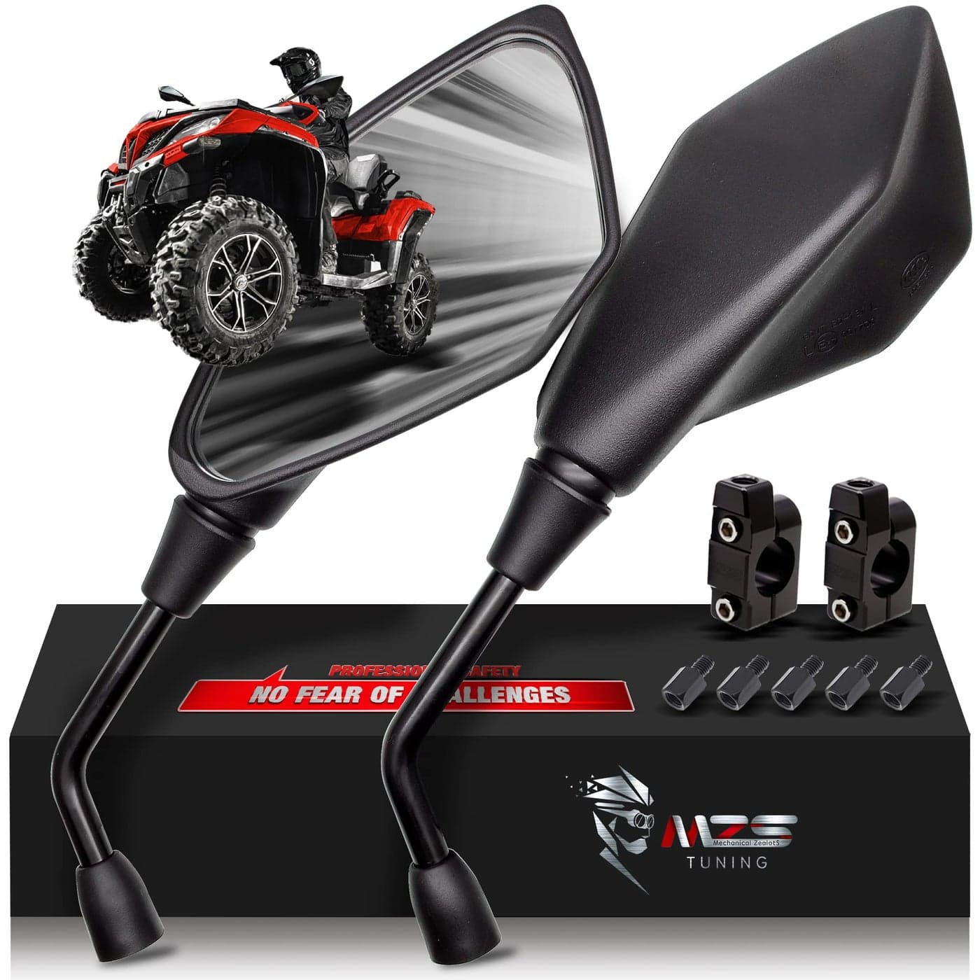 MZS Motorcycle Mirrors 10mm 8mm Universal ATV Rearview Mirror with CNC Handlebar Mount Rear View Side Mirror Black Compatible Motorbike Dirt Street Bike Adventure Quad Snowmobile Scooter Moped