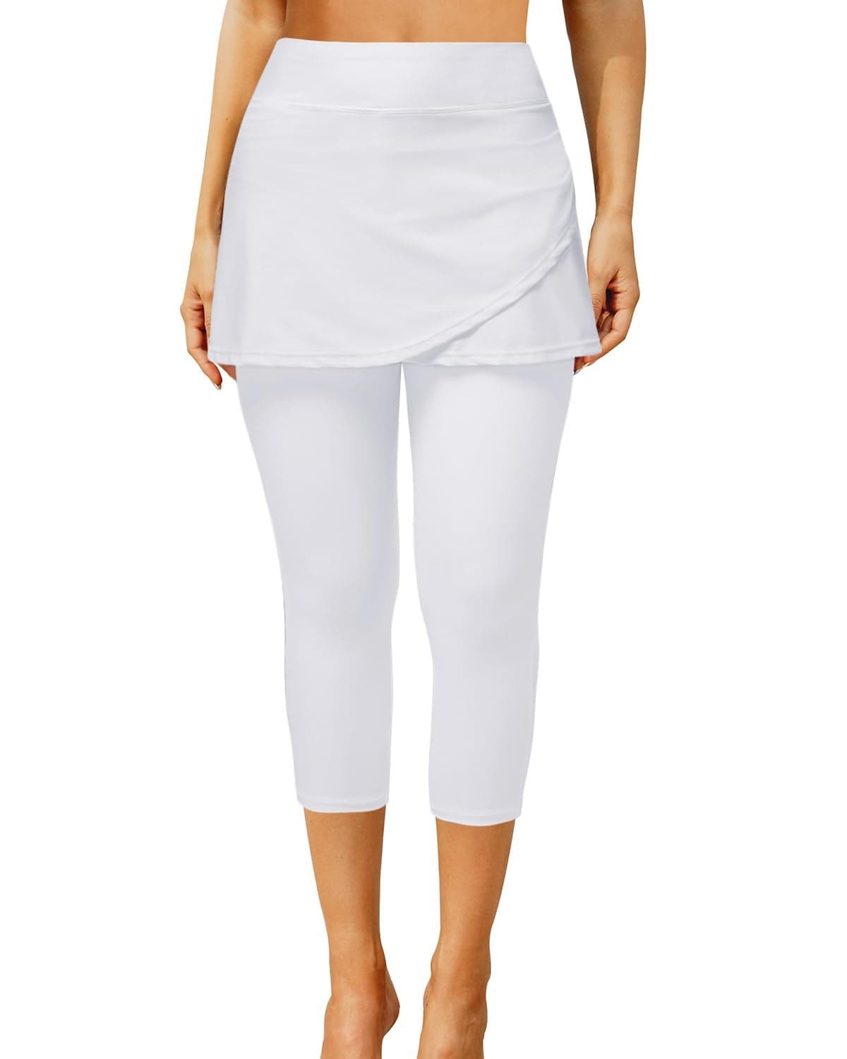 Pinup Fashion Swimming Pants Women White Skirted Leggings Swim Capris High Waisted Swimwear with Pockets L