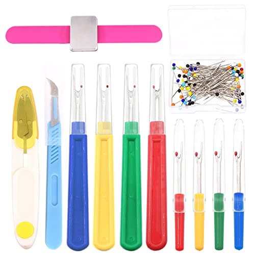 Swpeet 115Pcs Sewing Tools Kit, 8Pcs 8 Colors Seam Ripper, Magnetic Wrist Sewing Pincushion, Seam Cutter and U Shape Thread Snips Scissor with Quilting Sewing Pins for Sewing Marking