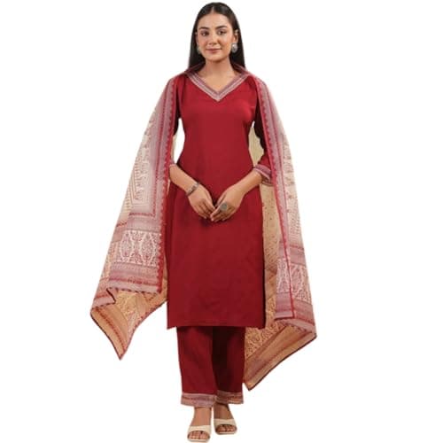 SHIENZY Women's Maroon Viscose Kurta Set with Printed Dupatta || Ethnic Wear for Women || Stylish Indian Suit for Girls || Festive Kurti Pant Set (1671_MRN_L)