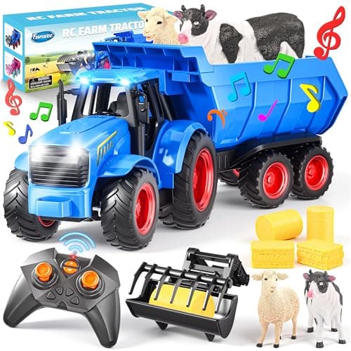 Funwee RC Tractor Toy Set with Light Sound Kids Farm Car Animal Trailer Wheels Remote Truck Outdoor Vehicle Toys Birthday Gift Idea for 3 4 5 6 7 Years Old Toddler Boys and GirlsBlue