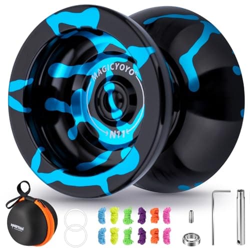 MAGICYOYO N11 Professional Unresponsive Yoyo for Advanced Dual Mode Metal Trick YoYo with Ressponsive Yoyo Bearing for Kids Beginner Includes 12 Yo yo Strings Bearings Kit Carry Bag Black Blue