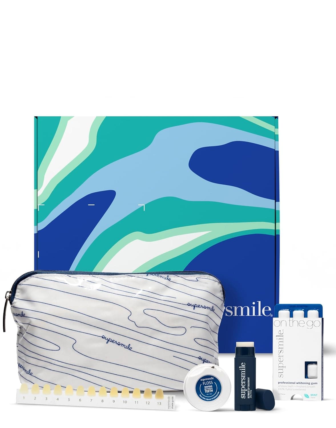 Supersmile Glow to Go teeth whitening kit whitening gum floss lip balm in stylish travel bag