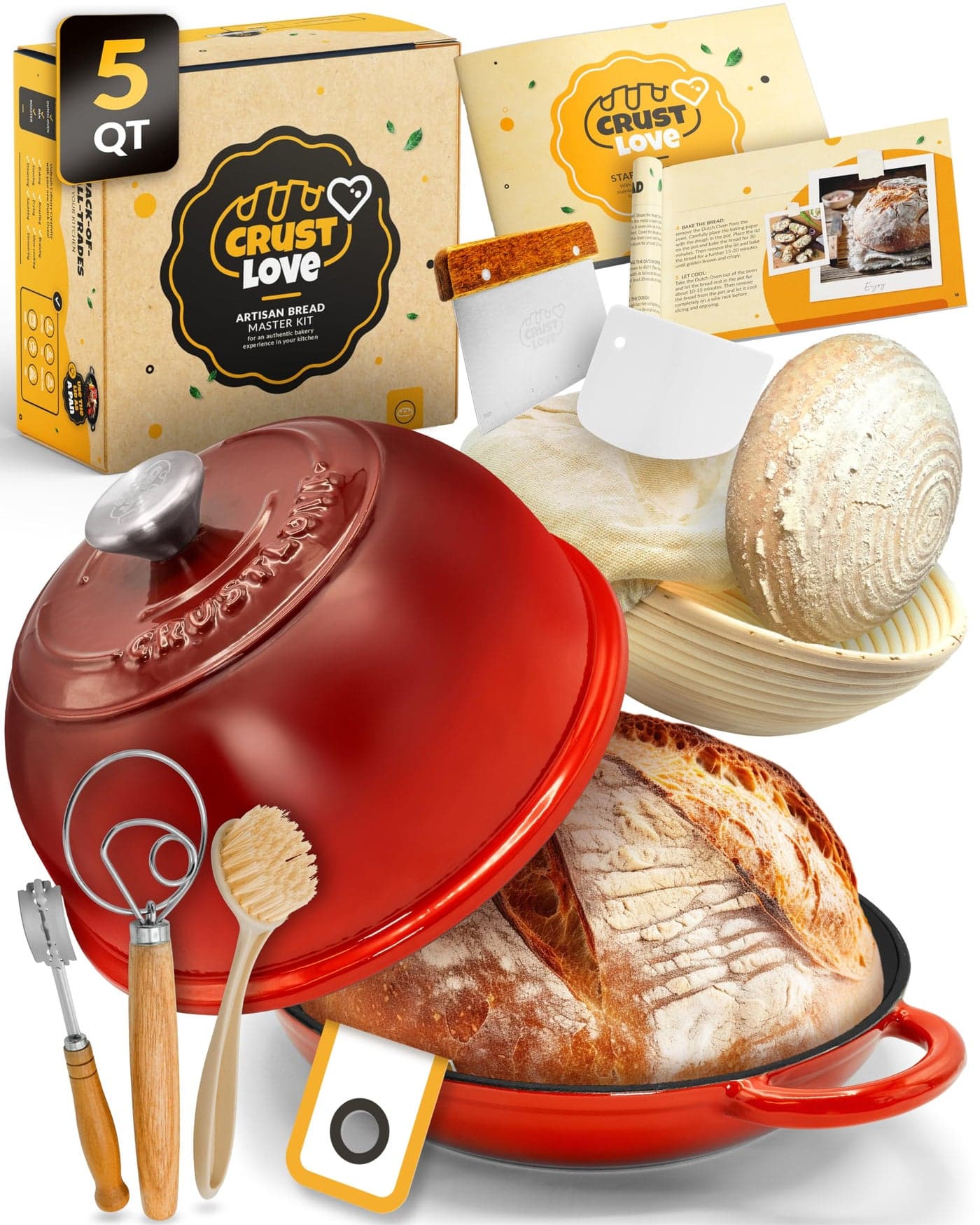 CRUSTLOVE Dutch Oven Bread Baking - 5QT Enamel Bread-Oven - incl Sourdough Bread-Baking Suppliers like Dough Whisk Scoring Lame etc Bread-Dome Cast Iron Bread-Pan with Lid for Sour dough, Bread-making