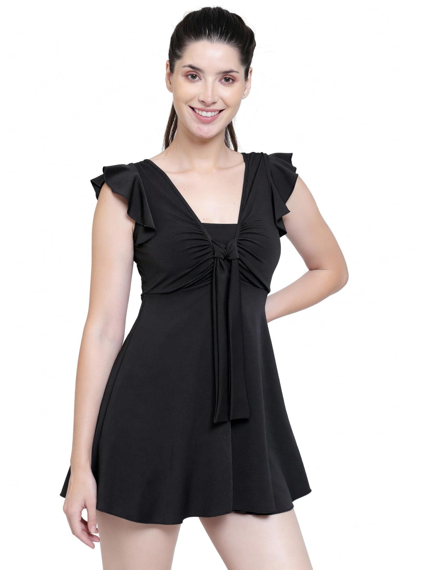 MEGASKA Women Front Tie Knot Ruched Frock Style Padded One Piece Swimming Costume_Black_Large