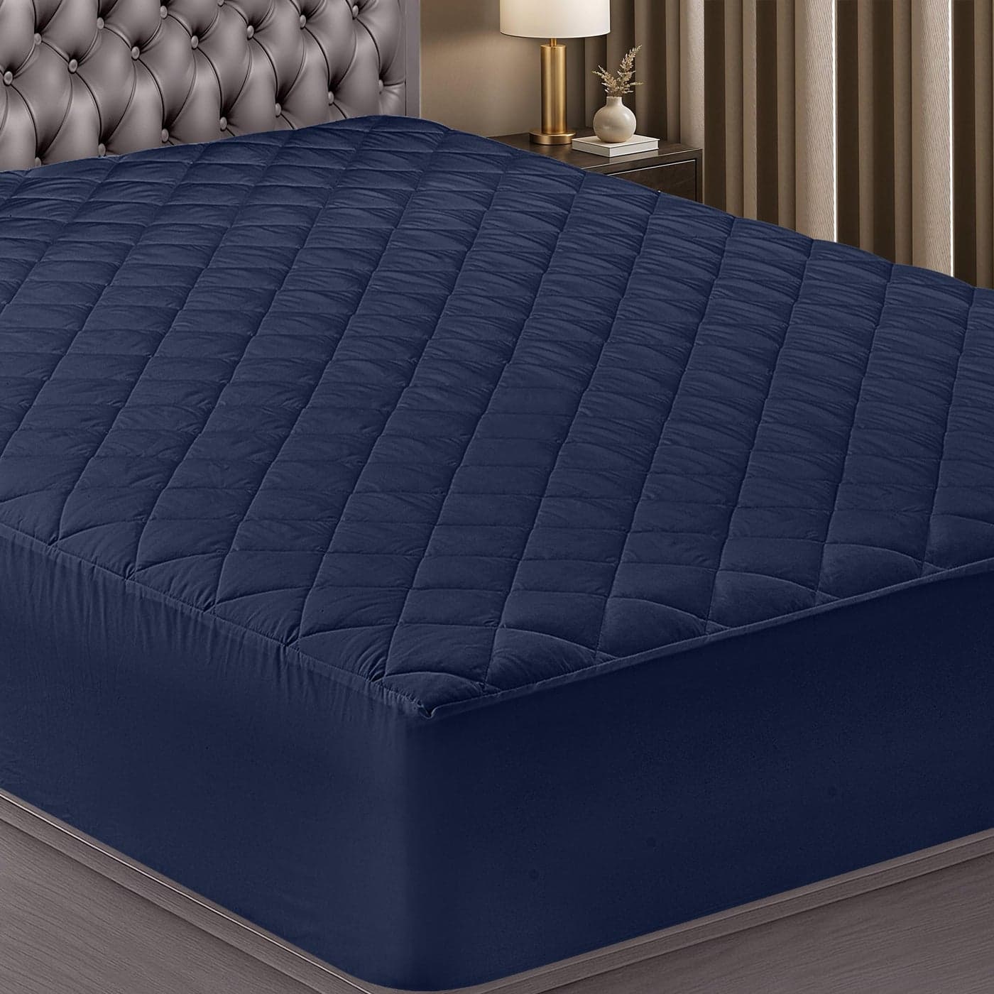 Utopia Bedding Quilted Fitted Mattress Pad Full Size Elastic Fitted Mattress Topper Protector and Cover Stretches up to 16 Inches Deep Machine Washable Navy